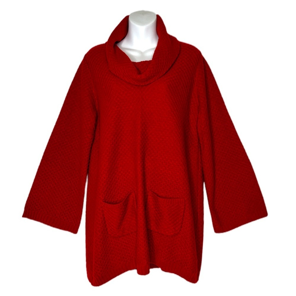 Style & Co Women’s Red Sweater Tunic Cowl Bell‎ Sleeve Front Pockets Textured